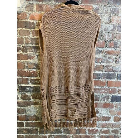 OLD NAVY Y2K Brown Bohemian Crochet with Fringe Sleeveless Sweater Wrap Size XS - Picture 8 of 8
